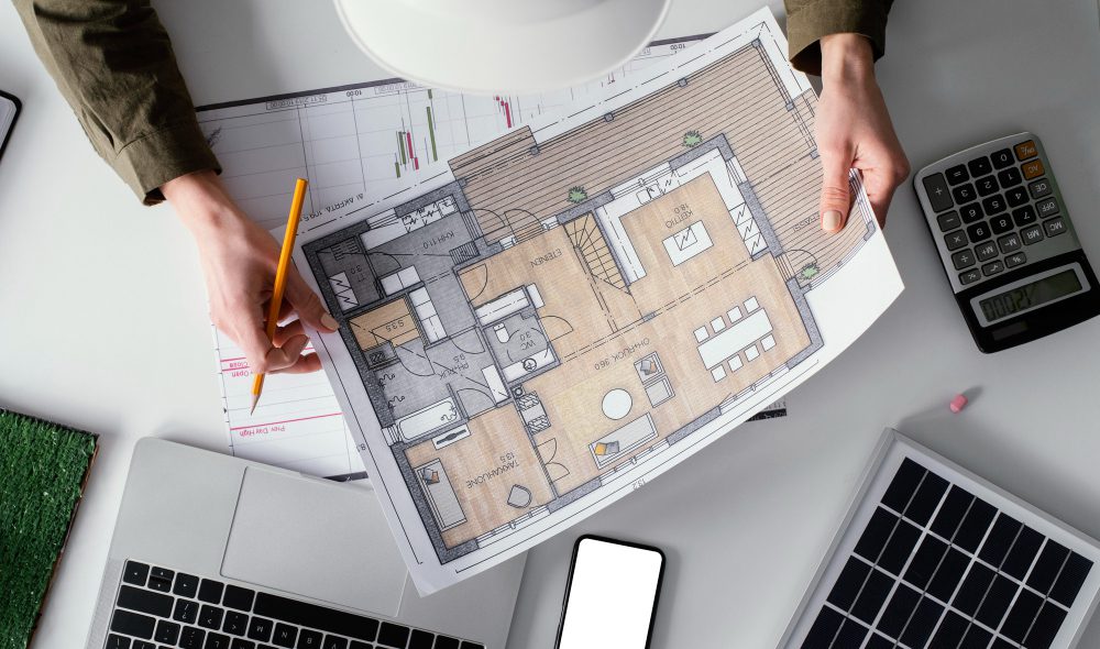 Person holding an architectural floor plan at a desk with a laptop, calculator, solar panel, phone, and construction documents.